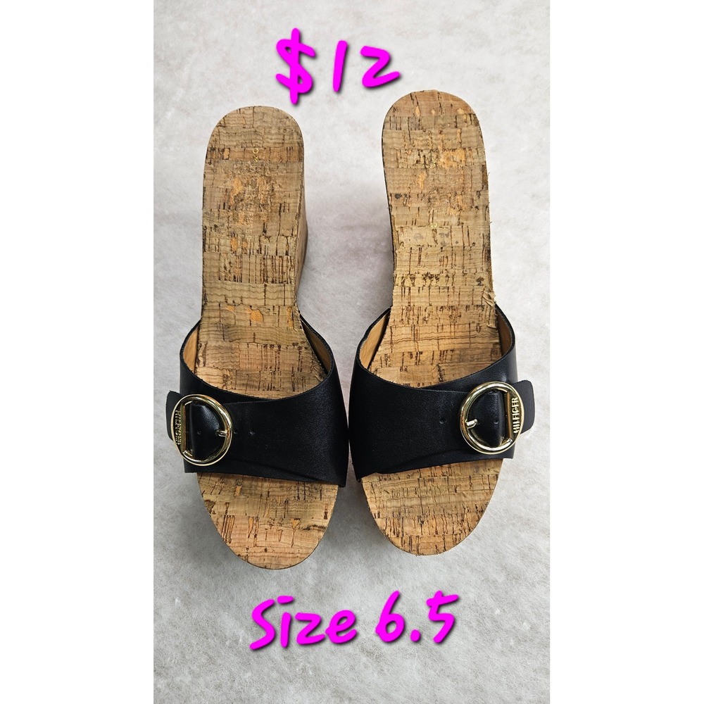 Tommy Hilfiger Womens Black Leather Cork Wedge Sandals Gold Buckle Slides 6.5M